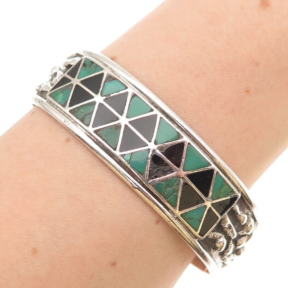 Randolph Lateyice Old Pawn 925 Sterling Turquoise Onyx Adjustable Bracelet 7.25"